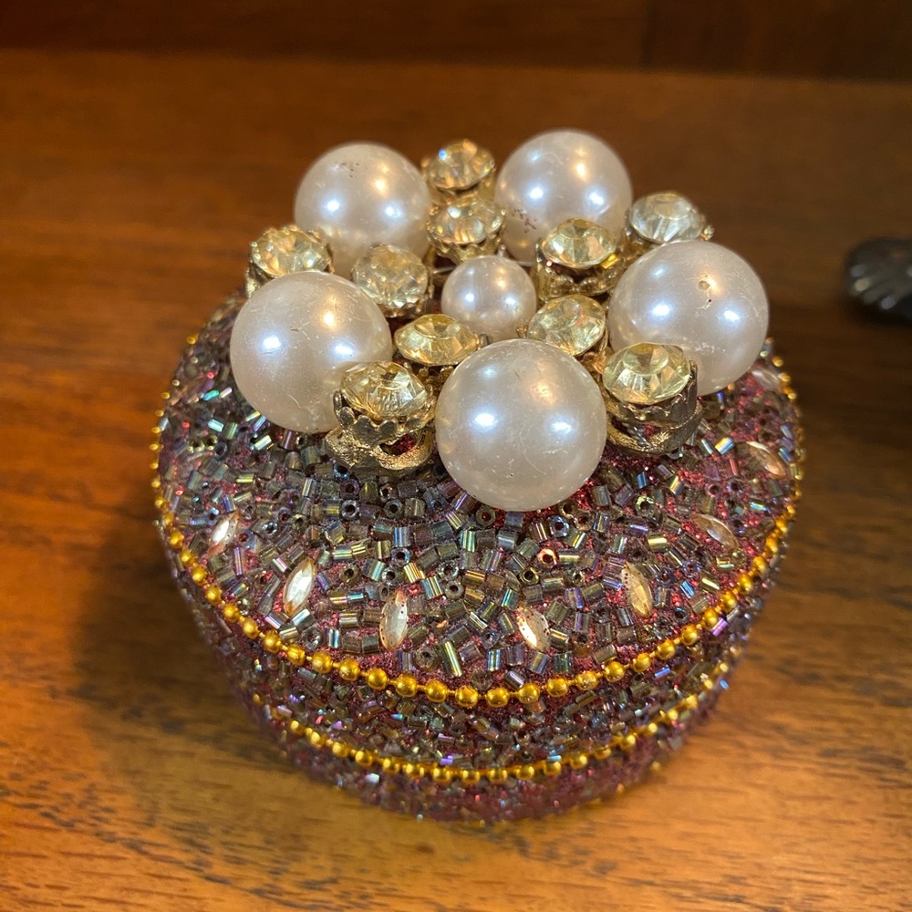 Beaded Jewelry trinket Box with Pearls and Crystals